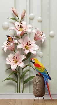 Colorful parrot perched on vase beside floral arrangement with butterfly, indoor setting