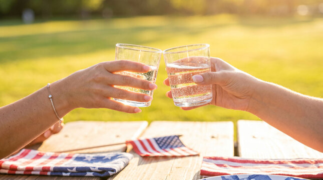 Friends clinking clear water glasses, outdoor picnic table.