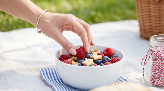Person picking fresh red raspberry from white bowl.