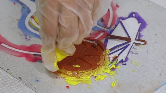 Stencil painting concept. Educational activity for children where they paint with colored paints. Creativity. 