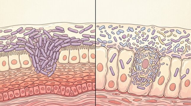 Medical illustration shows comparison of microbiomes from gynecological contexts. Features distinct bacterial clusters and cellular environments.