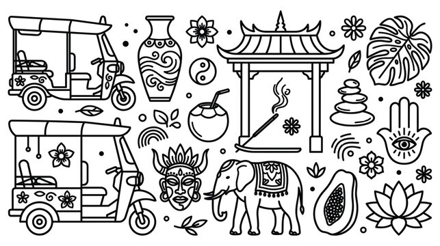 Thailand culture line art icons collection with tuktuk elephant and lotus.