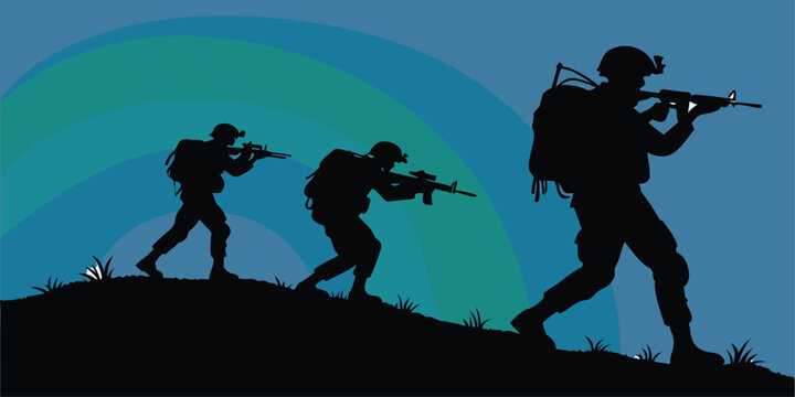 Silhouette of three soldiers with rifles advancing on a grassy hill against a radiating blue background