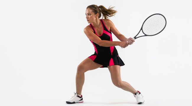Professional female tennis player in stylish black and pink sportswear performing a powerful backhand swing on a clean white background, capturing intense focus and athletic movement.