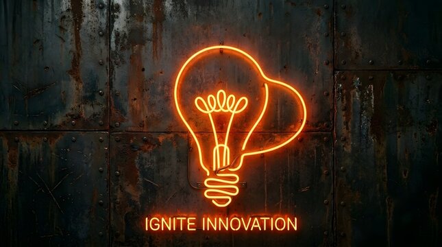 Glowing lightbulb with handshake monoline icon igniting innovation on dark brick wall background