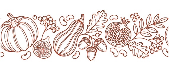 Autumn harvest border with pumpkin squash acorn pomegranate fig. © NAZMA