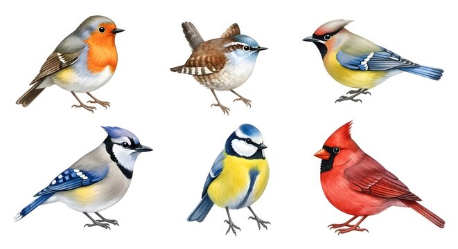 Collection of Six Colorful Songbirds in Various Poses.