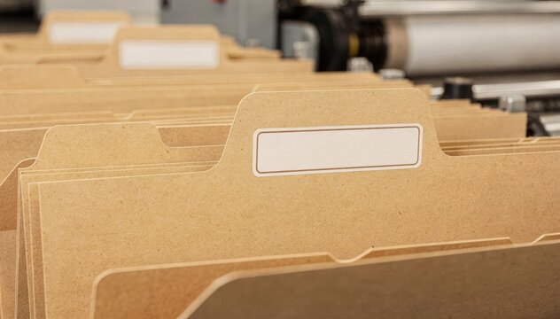 Closeup medium shot of offset printed manila file folders showcasing crisp printed tabs and neatly aligned labels during the manufacturing process.