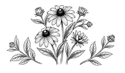Vintage Black eyed Susan floral line art vector illustration isolated on white background © Md