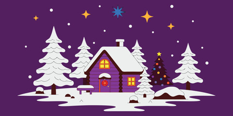 Obraz premium Magical Snowy Winter House Scene with Christmas Lights, Cozy Holiday Village Landscape Illustration.
