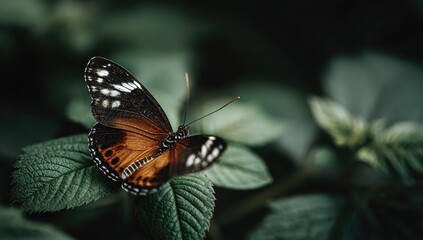 Naklejka premium Orange and black butterfly rests on vibrant green leaves, bokeh background