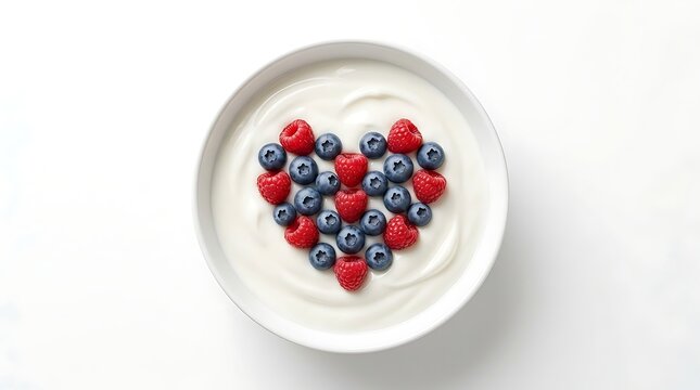 Sajian yogurt putih menampilkan kombinasi rasberi dan bluberi berbentuk hati melambangkan keseimbangan gizi yang sempurna