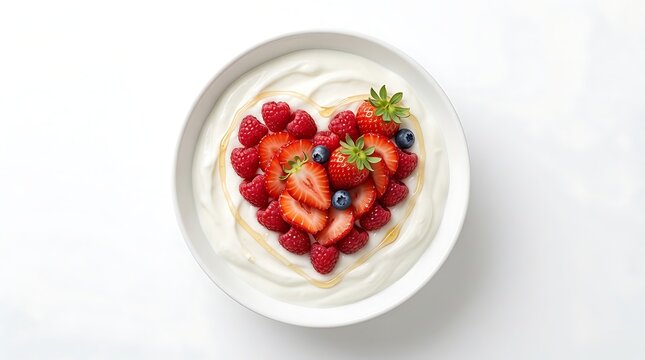 Sajian yogurt lembut menampilkan susunan beri merah dan madu berbentuk hati melambangkan kesehatan jantung optimal