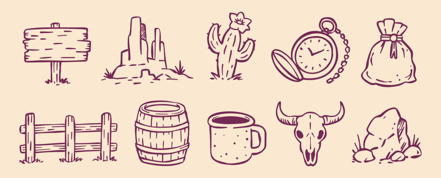 Hand-drawn western desert line art elements vector set. Wild west doodle icons for stickers, t-shirt prints, branding, scrapbooking, patterns, and vintage graphic design