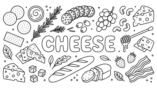 Cheese board elements including cheese bread crackers olives and fruits.
