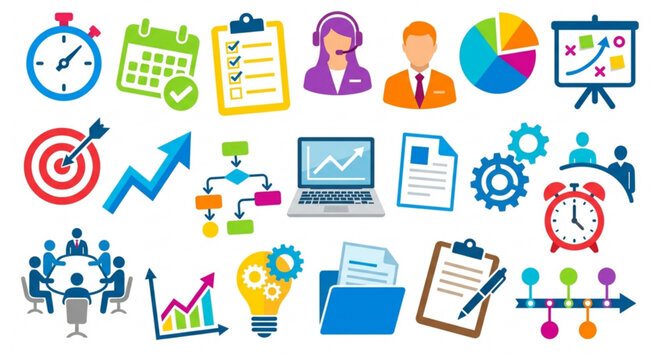 Colorful project management and time planning icon set with business workflow vector elements