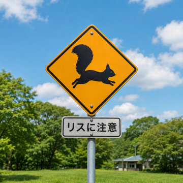 Ezo squirrel animal crossing warning road sign beside a green pasture in rural Hokkaido Japan