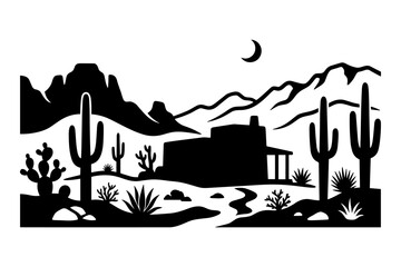 Naklejka premium Southwest desert landscape with adobe house mountains and saguaro cacti vector silhouette scene.
