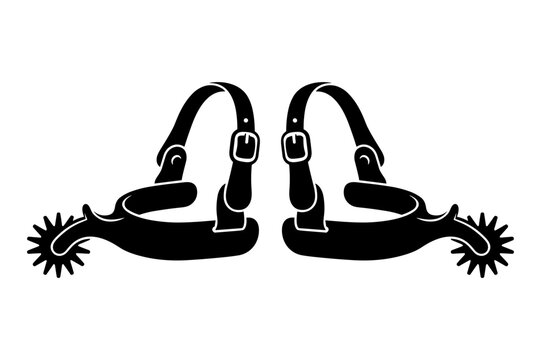 Pair of western cowboy spurs with rowels and straps vector silhouette isolated on white background.
