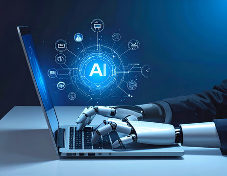 Robotic Hand Interacting with AI Interface on Laptop Screen.