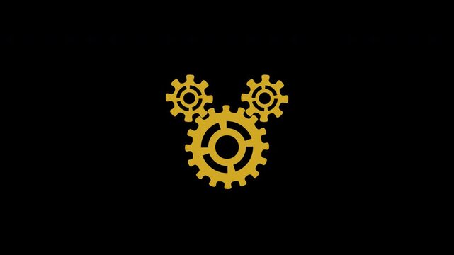 Golden mechanical gears spinning and interlocking on a transparent alpha channel background for industrial concepts engineering and business process animation. 4K video with alpha channel