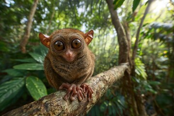 Fototapeta premium Wide-eyed tarsier with big brown eyes sits on a branch in a lush green forest