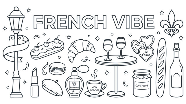 French vibe banner with classic cultural items and famous food.