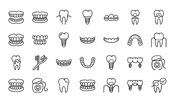 Artificial Denture and Dental Prosthetics Icon Set: Minimalist Outline and Solid Illustrations for False Teeth, Orthodontic Implants, Oral Hygiene, and Prosthodontics Symbols