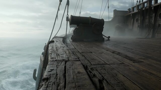 Old wooden ship deck with cannon.