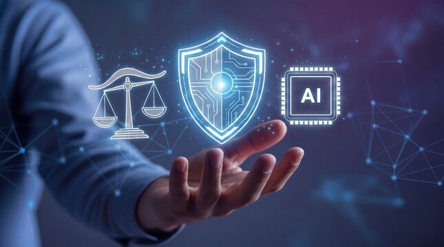 Artificial intelligence ethics and law regulations, AI cybersecurity protection concept, Digital law, security defense and ethical standards management in intelligent technology era