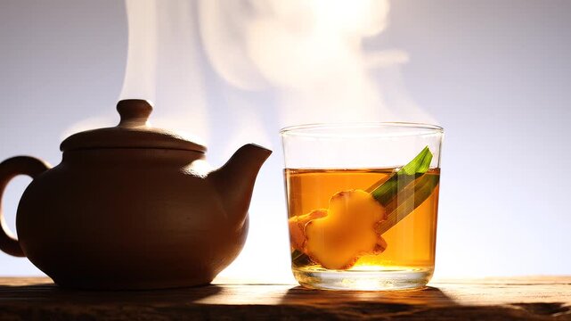 Cinematic slow motion of delicate steam curling from a clay teapot of wedang jahe, beside a glass with ginger and pandan. Pure white background.