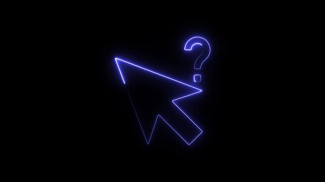 Neon purple computer cursor arrow with question mark symbol a glowing mouse pointer accompanied by a icon