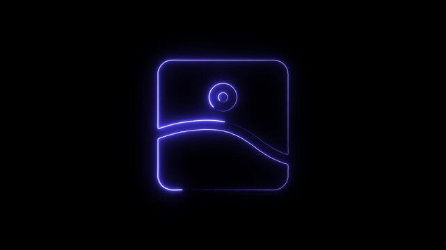 Neon blue glowing image gallery icon square shape a simple outline depicting a landscape scenery element