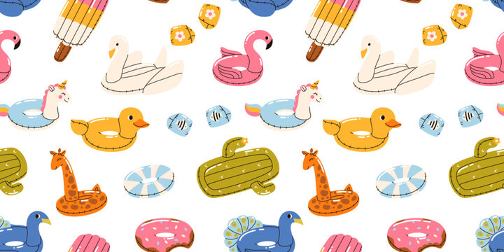 A seamless pattern with inflatable pool rings. Perfect for textile printing, wallpaper, and summer branding.