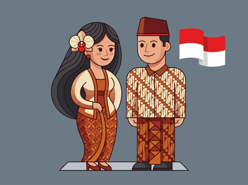 Indonesian Couple in Traditional Batik and Kebaya Clothing with National Flag Vector Illustration