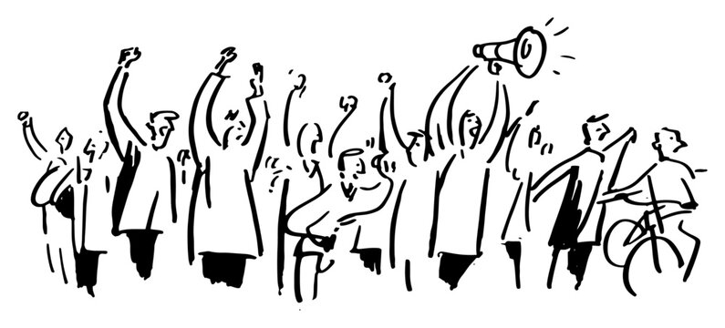 Cheering crowd of people with megaphone and raised hands in sketchy ink style
