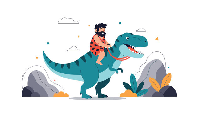 Bearded prehistoric caveman wearing a leopard print tunic and riding on the back of a large blue and teal Tyrannosaurus Rex dinosaur.