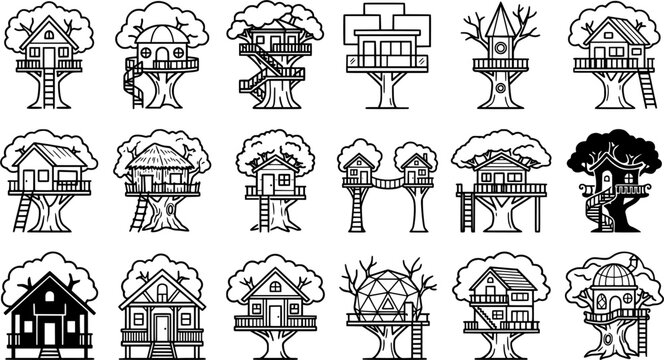 Tree House Outline Icon Set with Kids Playhouse, Wooden Cabin, Ladders, Forest Tree Platforms and Outdoor Adventure Designs Isolated on White Background