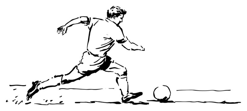 Soccer player kicking a ball on the field in hand drawn sketch style