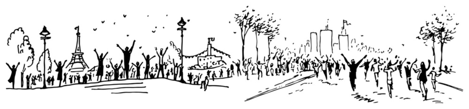 Crowd of people cheering in city park with landmarks in hand drawn sketch style