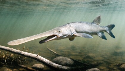 Obraz premium American paddlefish filter feeding in a murky freshwater river habitat