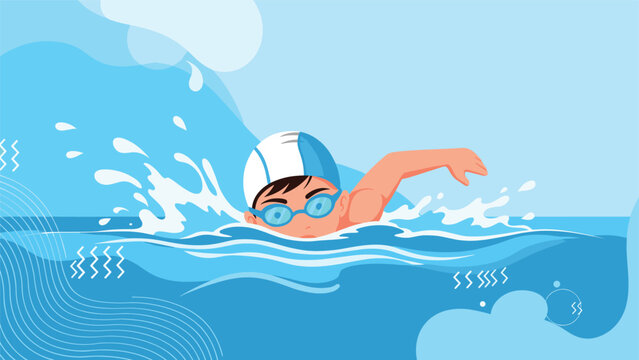 Young boy swimming laps in a clear blue pool with a splash of water and wearing goggles and a swim cap during summer.