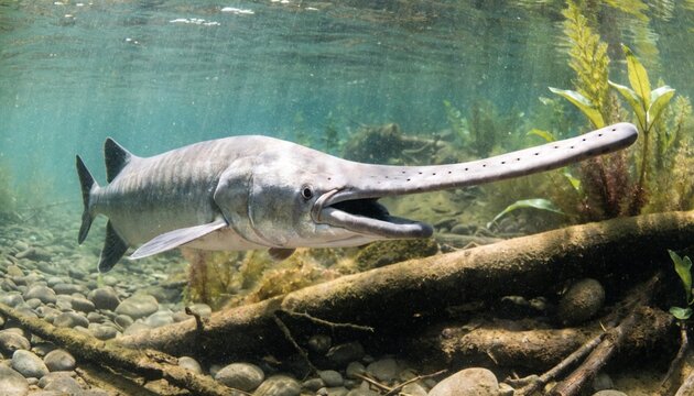 American paddlefish filter feeding in a murky freshwater river habitat