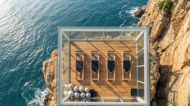 Clifftop glass terrace overlooking azure ocean, sunlit teak deck with four loungers, glass balustrade, panoramic seascape, gentle waves against rugged cliff, mood of calm solitude and upscale design,