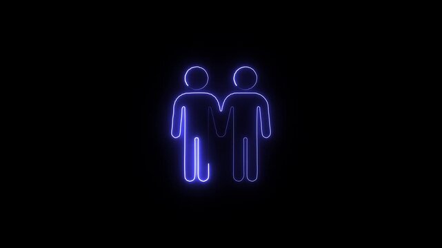 Neon glowing human figures icon representing a couple or team on black background two simplified silhouettes