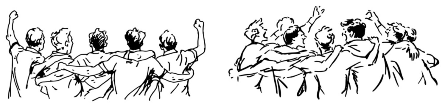 Enthusiastic crowd cheering and celebrating together with arms raised in hand drawn sketch style