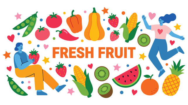Fresh fruit and vegetable illustration featuring people and plants.