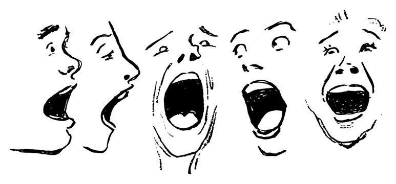 Human faces with wide open mouths screaming or yelling sketch style