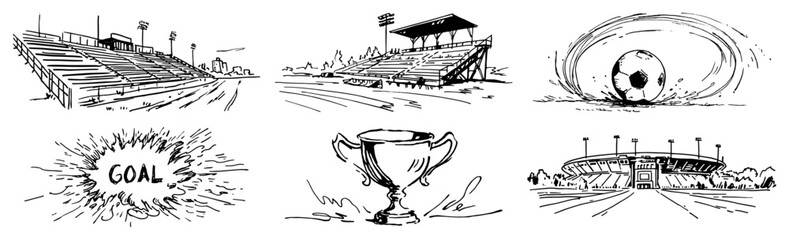 Soccer sport elements set with stadium trophy and ball in hand drawn sketch style © Celestynka