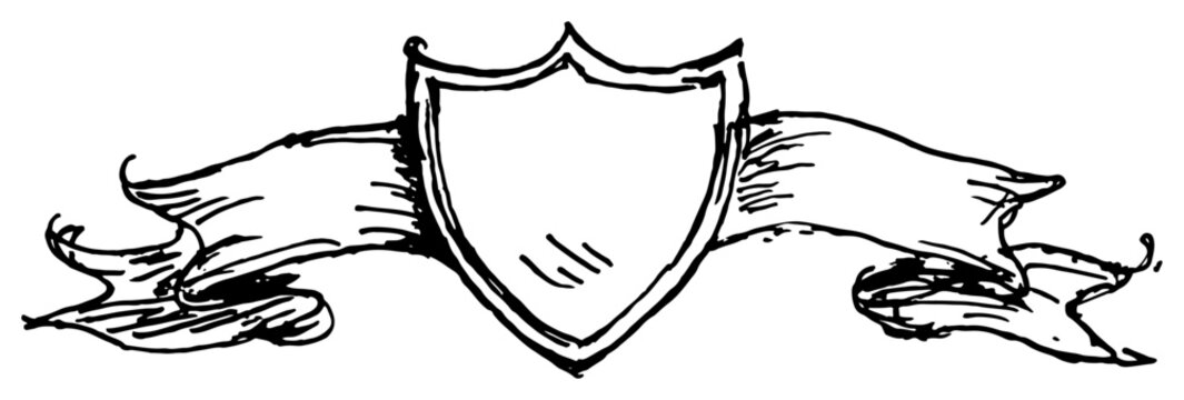 Heraldic shield crest with ribbons and scrolls in hand drawn sketch style
